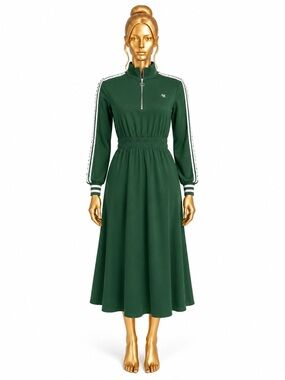 MILA Medium Green Sporty Quarter Zip Midi Dress Varsity Stripe Sleeves